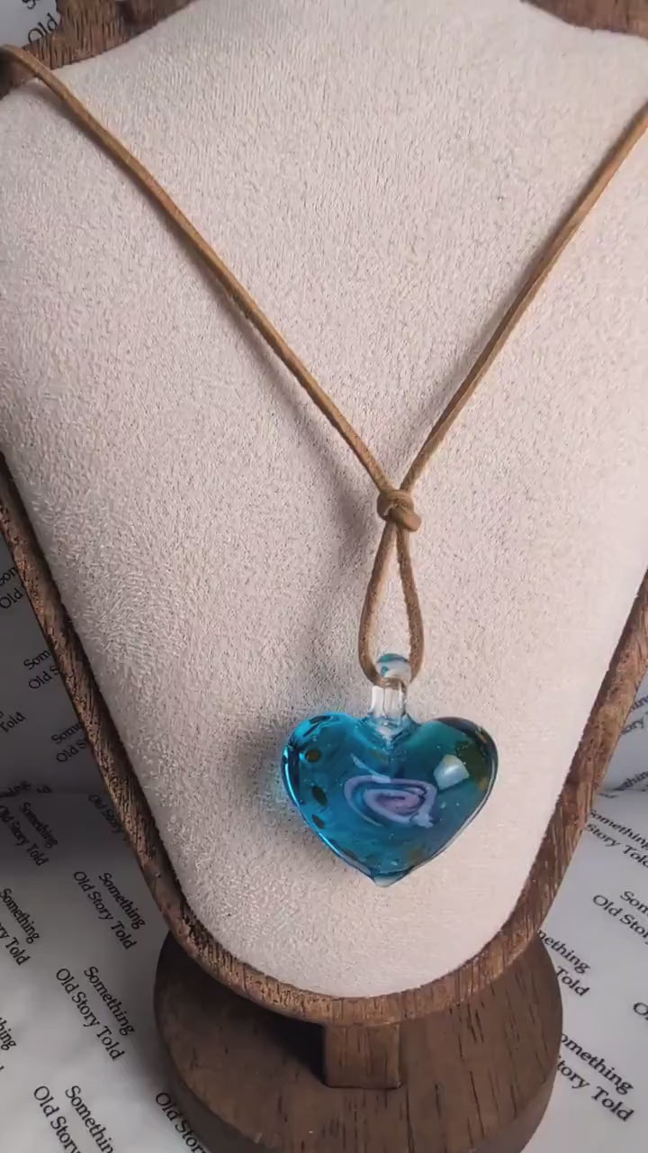Murano Style Blue Glass Heart Pendant Necklace, Hand Blown Aqua Glass Heart Charm, Beachy Coastal Boho Jewelry, Romantic Gift for Her
