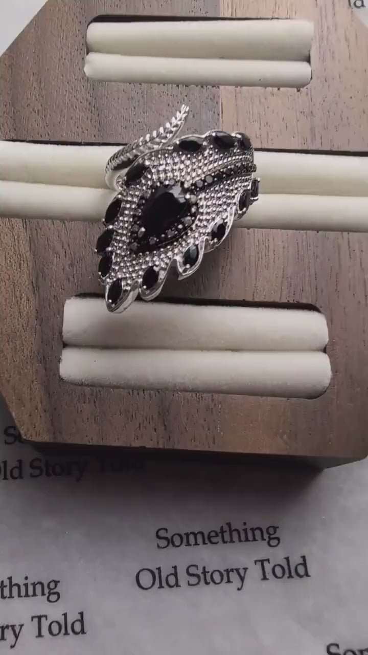 Black Spinel Sterling Silver Angel Wing Ring, Gothic Feather Wrap Statement Ring, 925 Silver Dark Romance Large Armor Ring, Size R