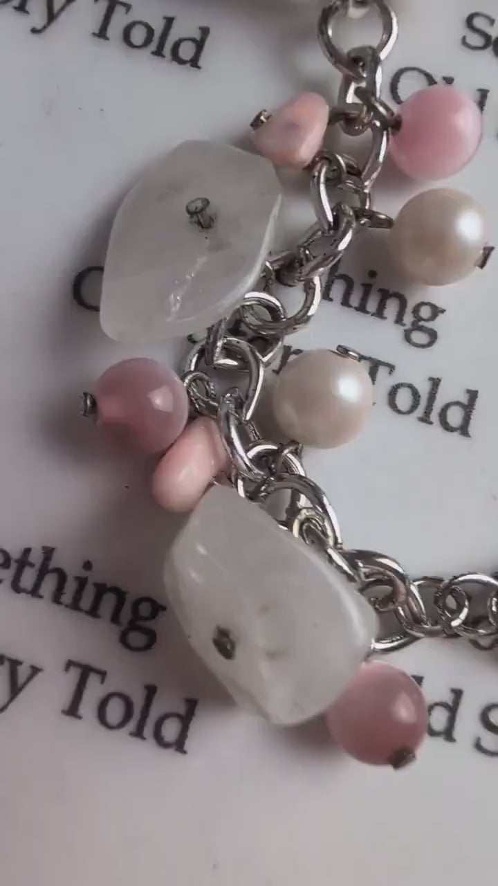 Vintage Pink Cat's Eye Quartz Charm Bracelet, Freshwater Pearl Beaded Bracelet, Soft Girl Aesthetic Jewelry, Romantic Pastels Chunky Gift