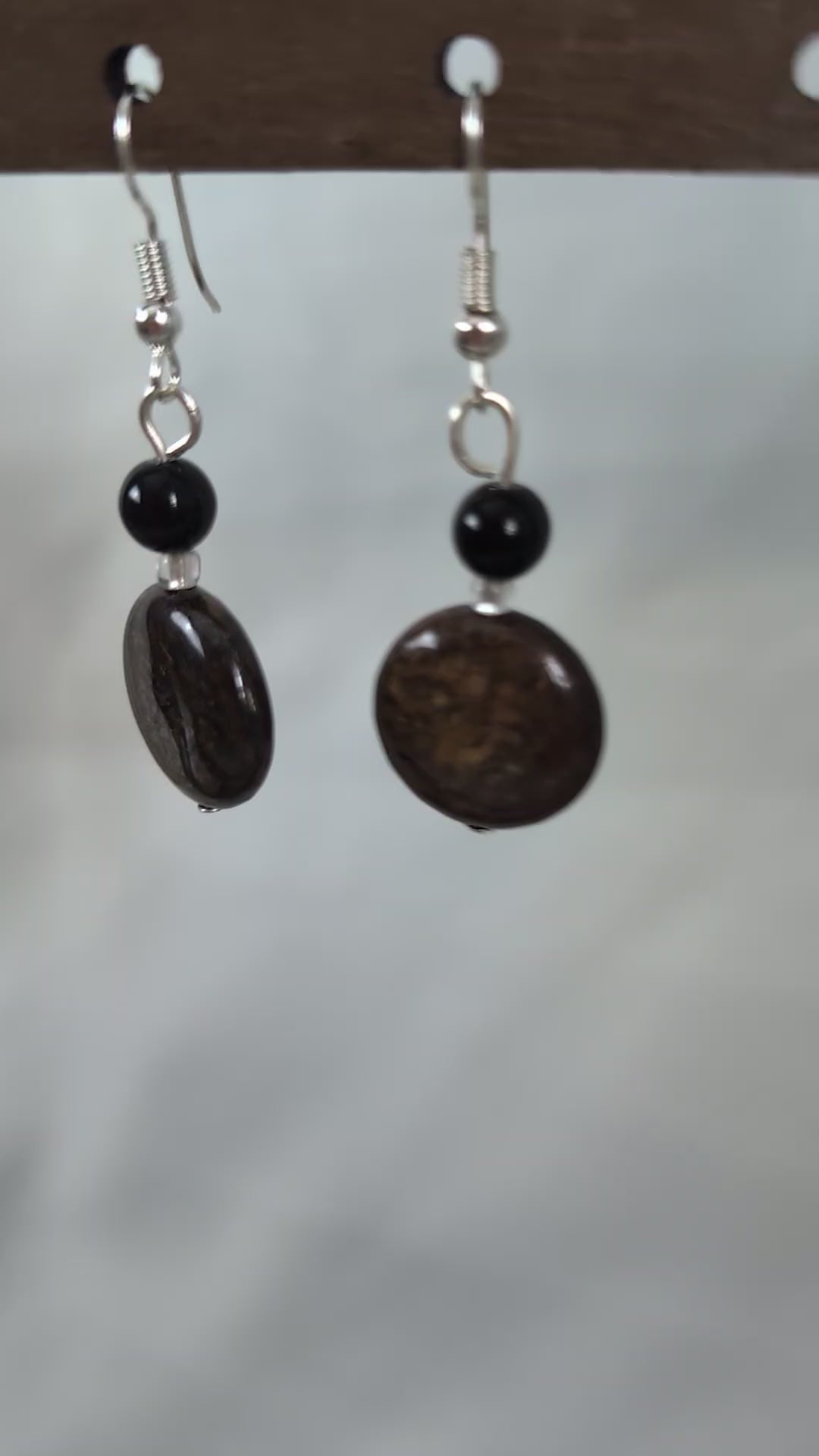 Bronzite and Black Onyx Earrings, Handmade Gemstone Drop Earrings, Natural Earthy Brown Stone Dangle Earrings, Bohemian Gift for Her