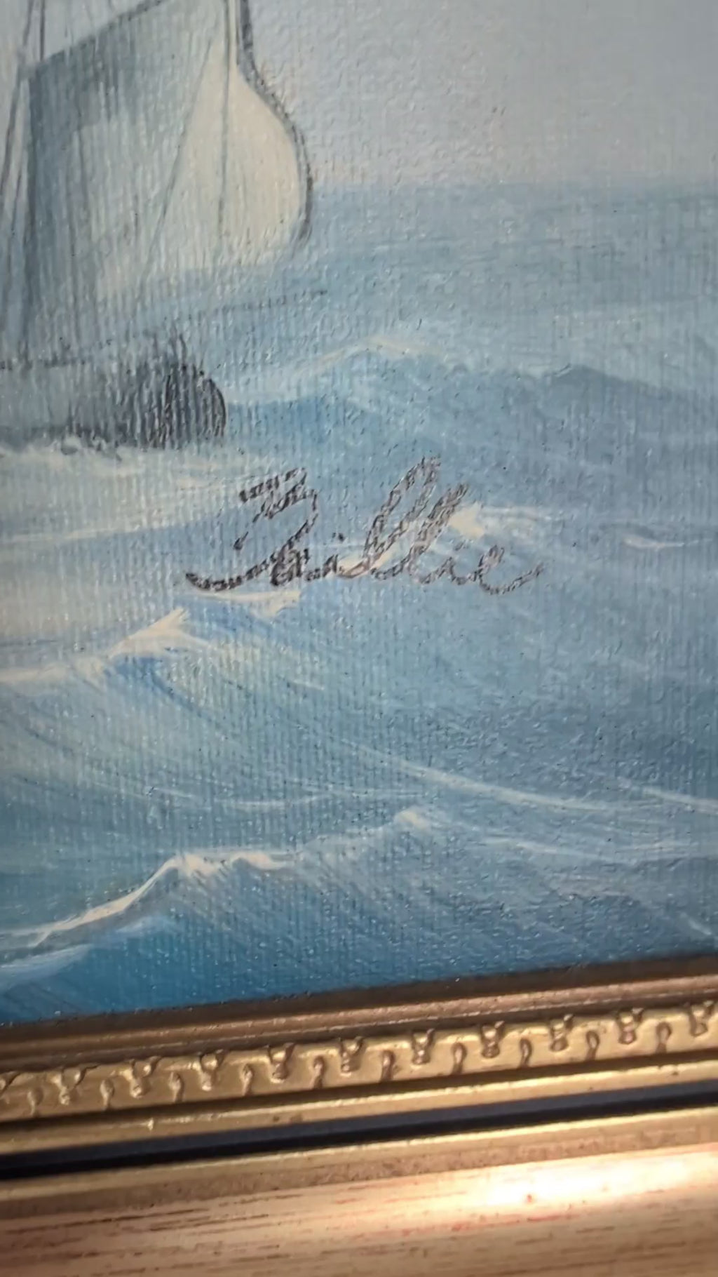 Vintage Framed Maritime Seascape Oil Painting Signed Baillie | Nautical Sailing Ship Ocean Canvas Board Art | Gilded Gold Frame Coastal Wall