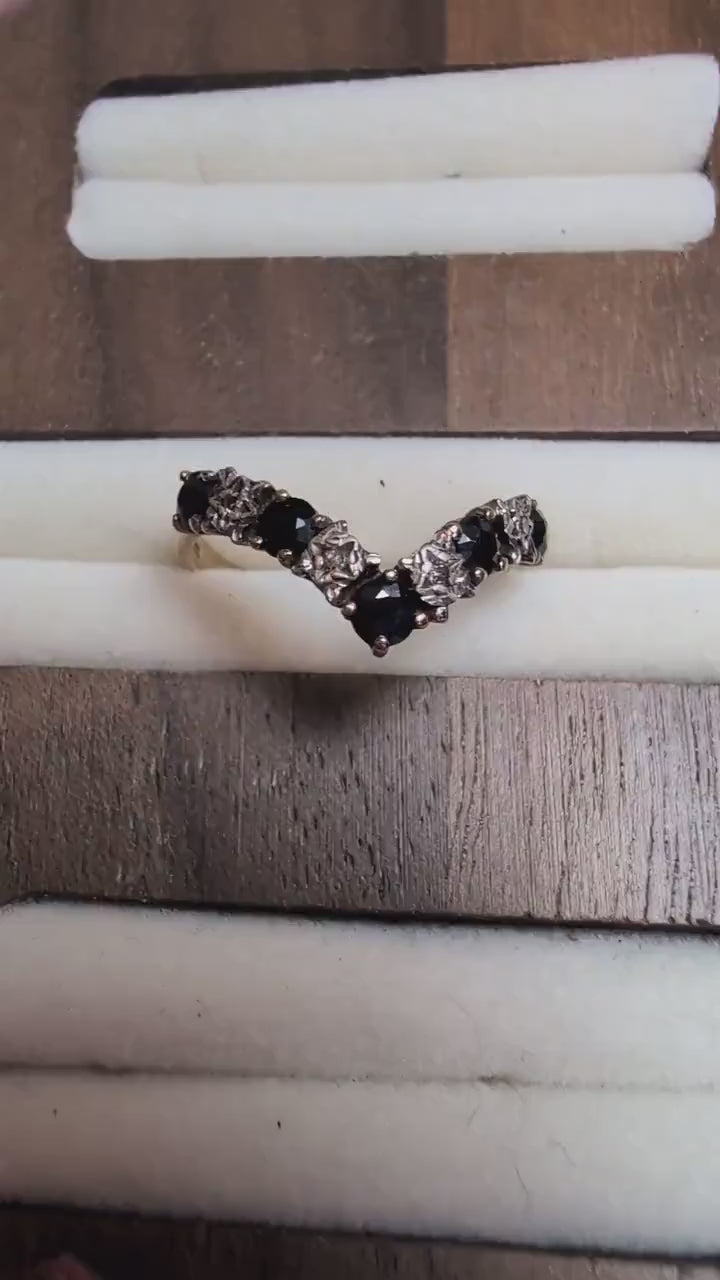 Vintage 9ct Gold Sapphire and Diamond Wishbone Ring | Chevron Stacking Band | Deep Blue Sapphire V-Shape Ring | September Birthstone Gift