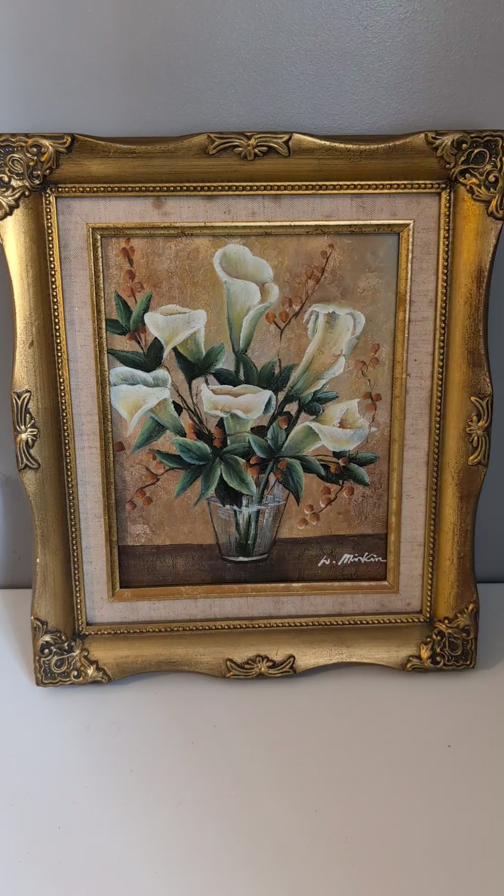 Vintage Floral Oil Painting in Ornate Gilt Frame, White Calla Lily Still Life Canvas, Signed W Mirkin Rococo Gold Frame Botanical Wall Art