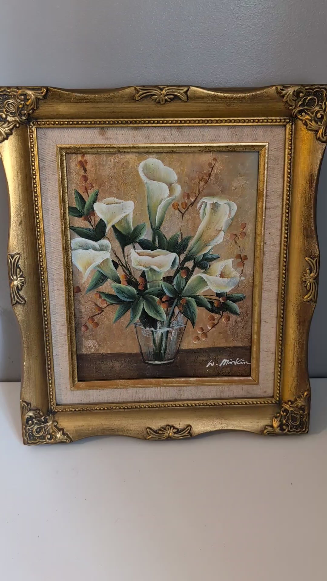 Vintage Floral Oil Painting in Ornate Gilt Frame, White Calla Lily Still Life Canvas, Signed W Mirkin Rococo Gold Frame Botanical Wall Art