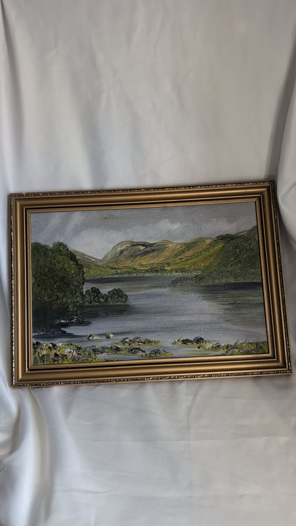 Coniston Water Lake District Original Oil Painting 1982 by Mary Edmondson, Framed Vintage English Country Landscape Wall Art, Cumbria