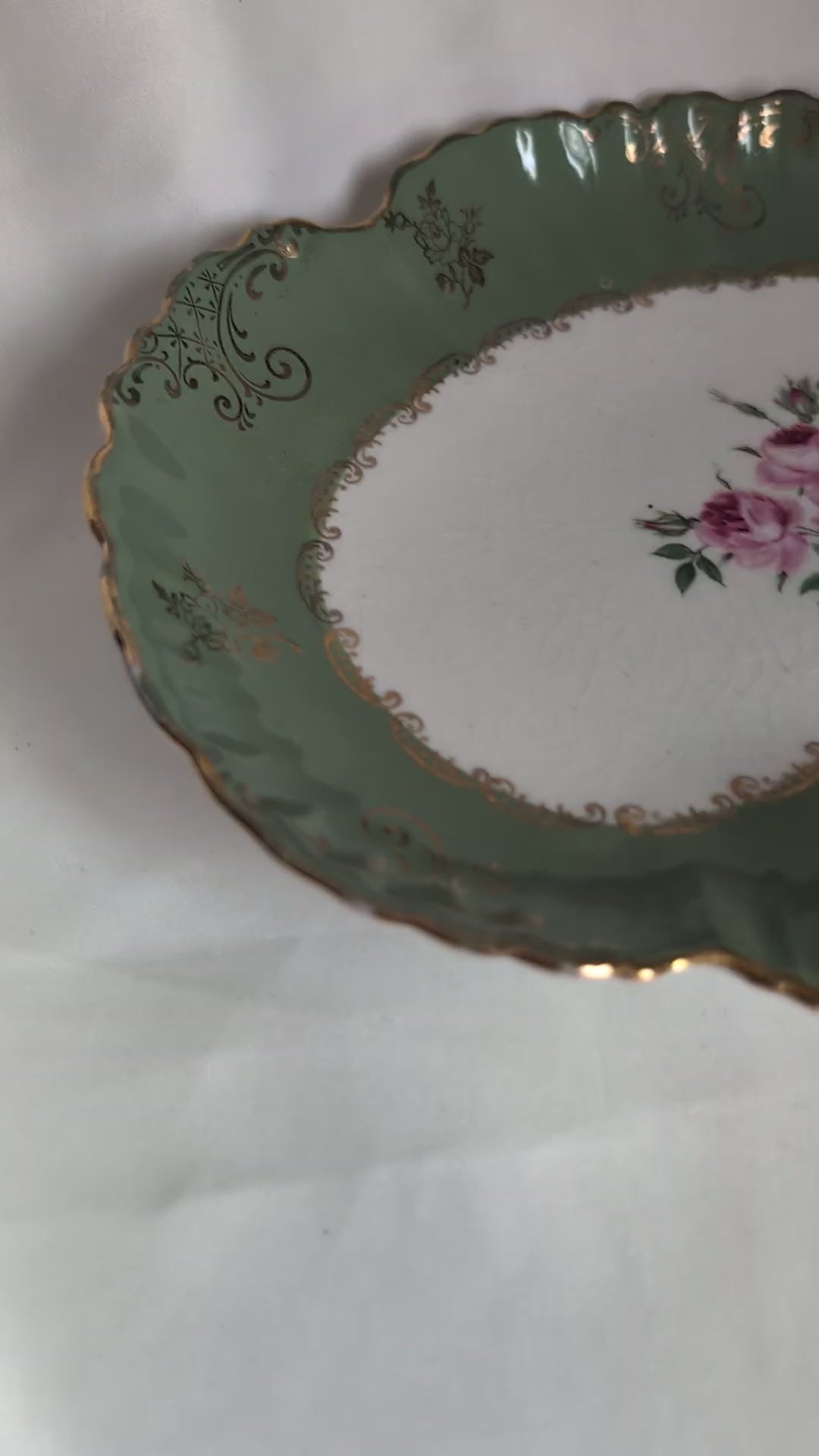 Vintage Old Foley James Kent Bone Dish, Kidney Shaped Sage Green Floral Tray, Pink Rose Gold Gilt Staffordshire Porcelain, Vanity Trinket