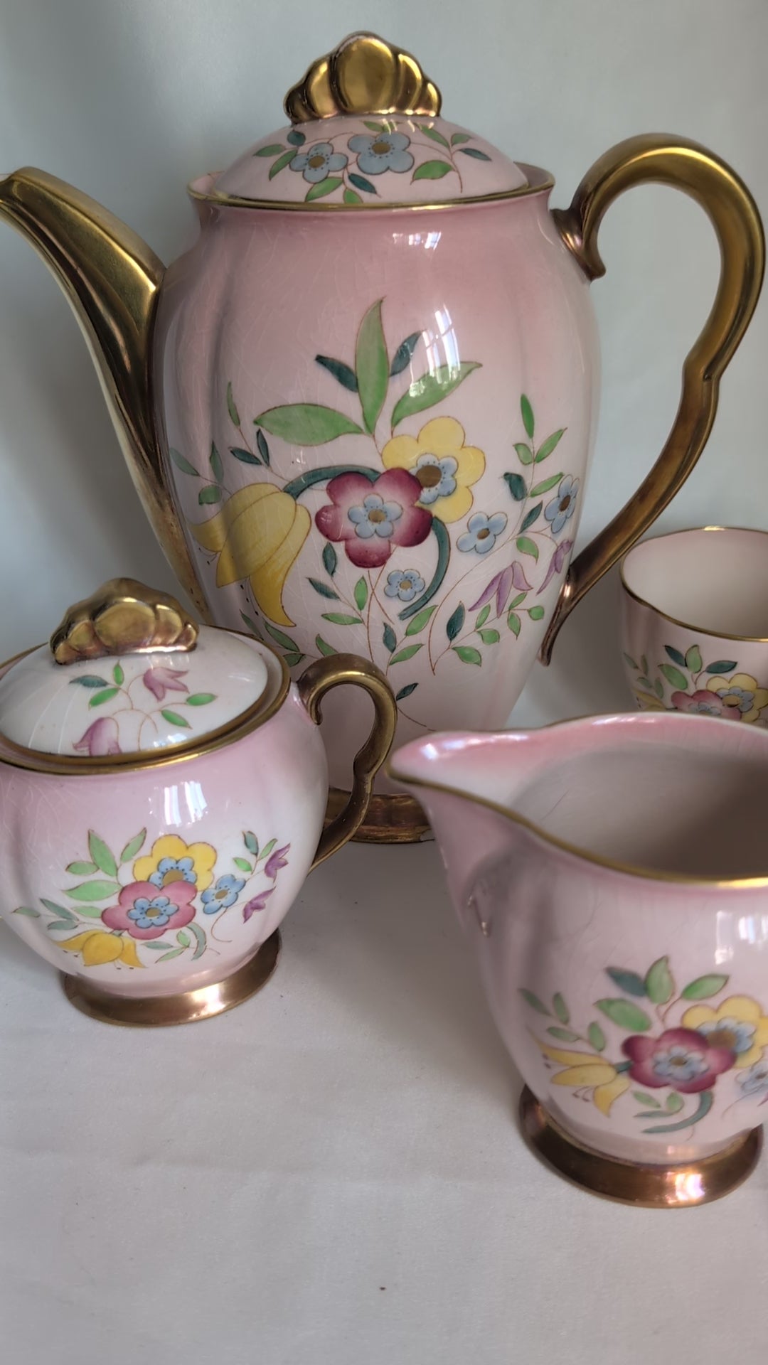 Vintage Pink Luster Coffee Set, Hand Painted Floral Teapot Milk Jug Sugar Bowl & 6 Demitasse Cups, Cottagecore Afternoon Tea Set 1930s 1940s