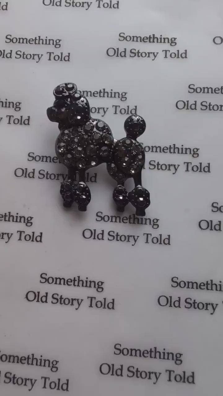 Vintage Rhinestone Poodle Brooch, Gunmetal Smoky Crystal Dog Pin