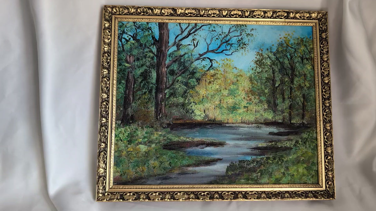 Vintage Framed Woodland River Landscape Oil Painting, Ornate Gilt Gilded Frame, Original Impasto Forest Wall Art, Cottagecore Decor 1970s