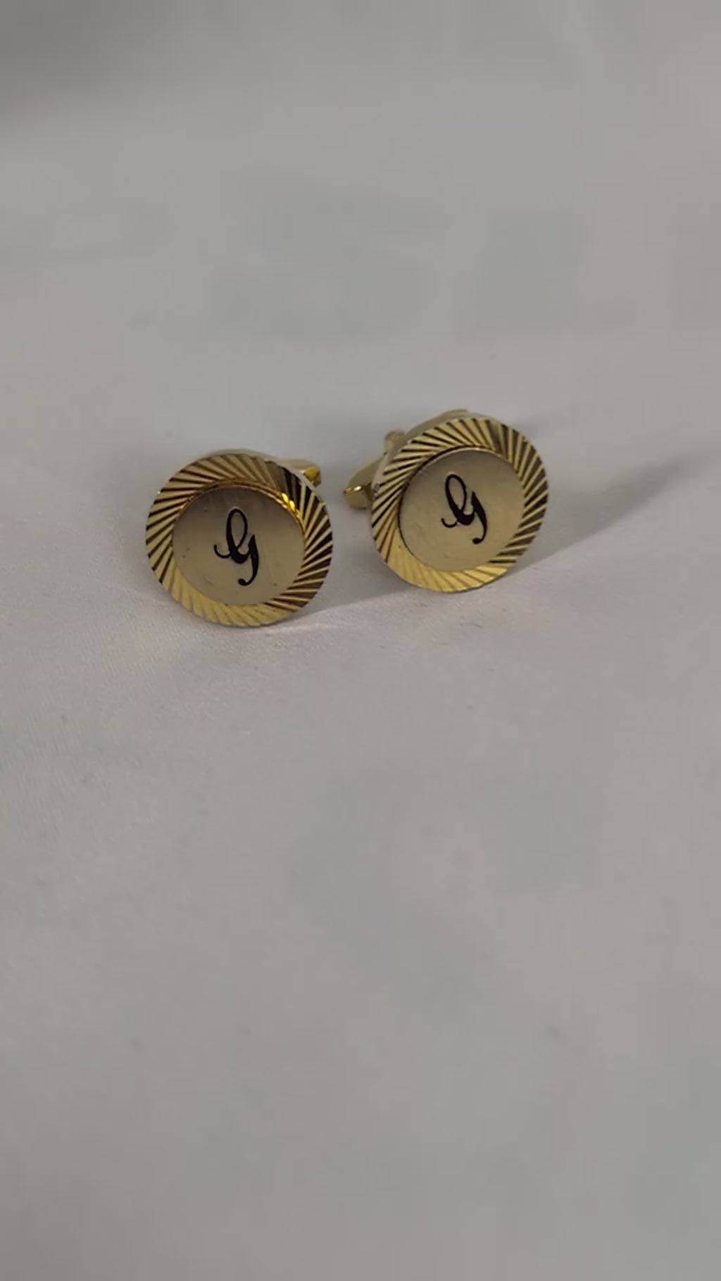 Vintage Gold Tone Initial G Cufflinks, Sunburst Etched Round Monogram Cuff Links, Mid Century Groom Wedding Gift