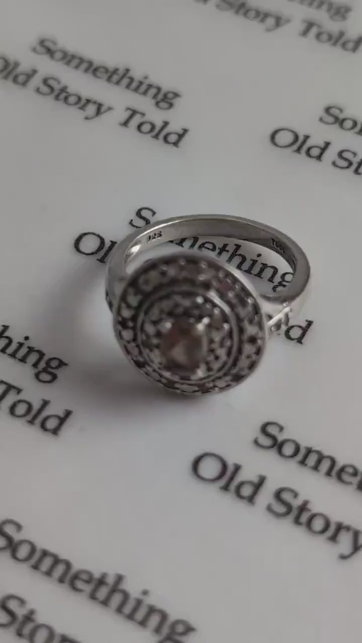 Vintage Sterling Silver Smoky Quartz Halo Ring | Ornate Oval Gemstone Cocktail Ring