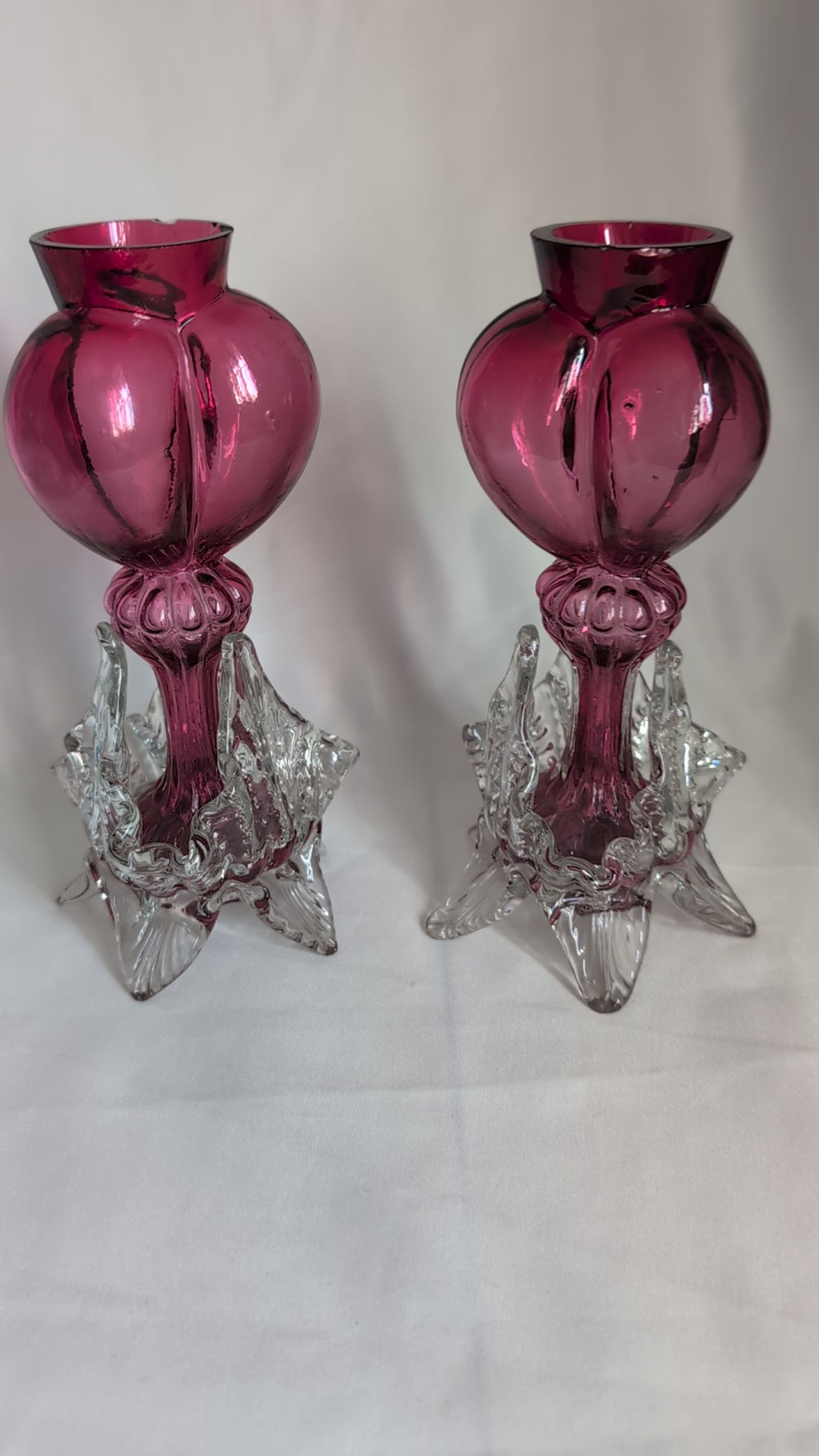 Pair of Antique Victorian Cranberry Glass Vases, c1900 Edwardian Hand Blown Art Glass Bud Vases, Clear Applied Rigaree Footed Decor