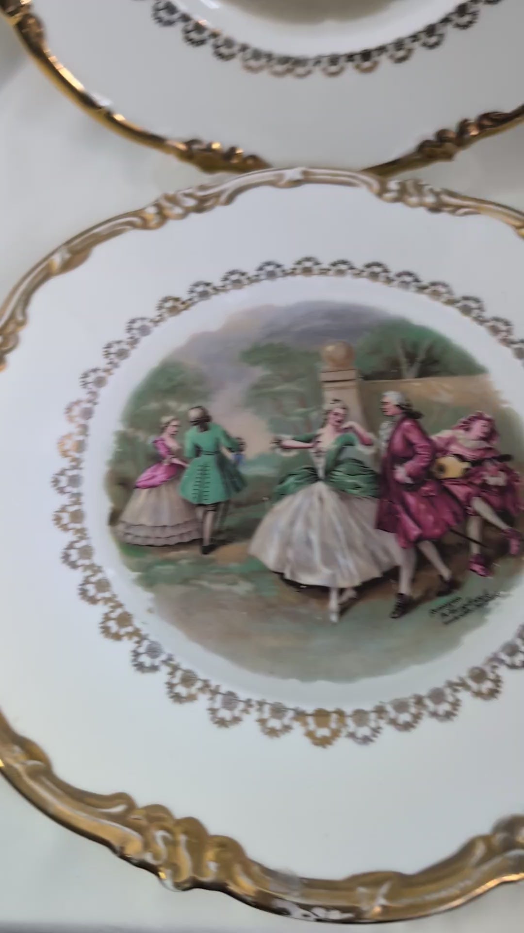 Pair Vintage Regency Bone China Courting Couple Plates Fragonard Rococo Gold Gilt Pierced Rim Cabinet Display Plates, Gilded French