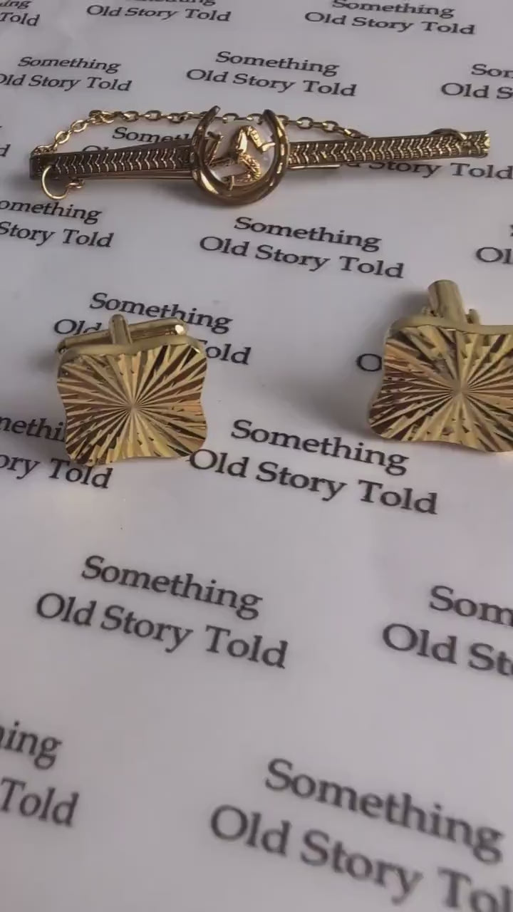 Vintage 1960s Gold Plated Cufflinks Tie Pin, Isle of Man Triskelion Mother of Pearl