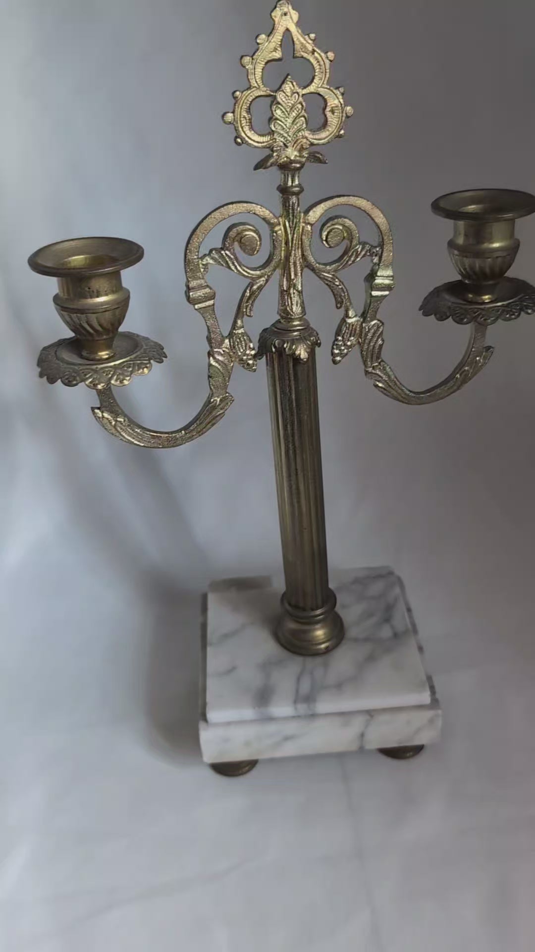Vintage Brass Candelabra White Marble Base 2 Arm Candle Holder, French Neoclassical Ormolu Style Baroque Decor, Ornate Hollywood Regency Table Centerpiece