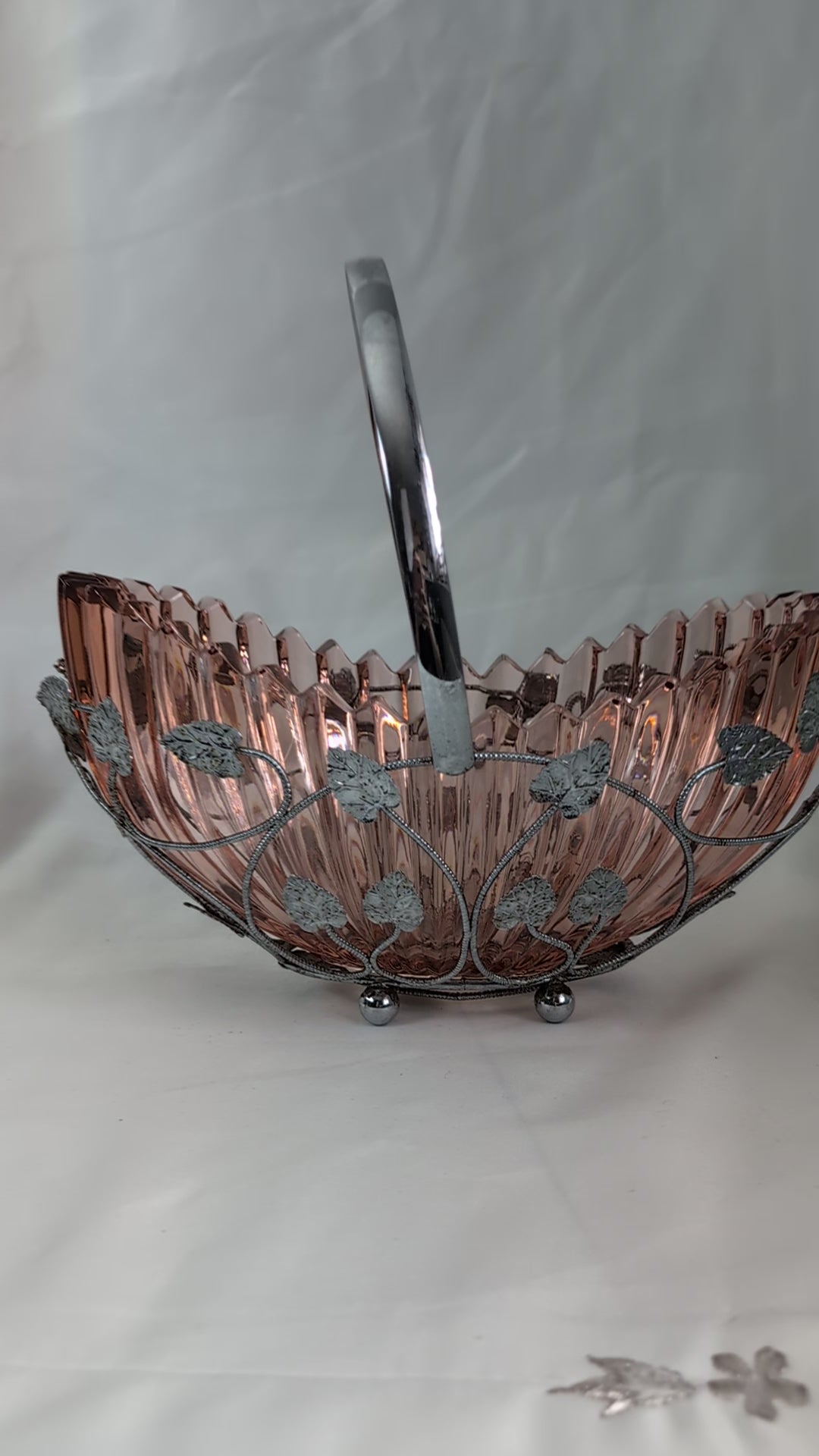 Vintage Pink Glass Basket Bowl with Chrome Handle, Art Deco Ribbed Centerpiece Dish, Wirework Vine Filigree Fruit Bonbon Dish 1930s Decor
