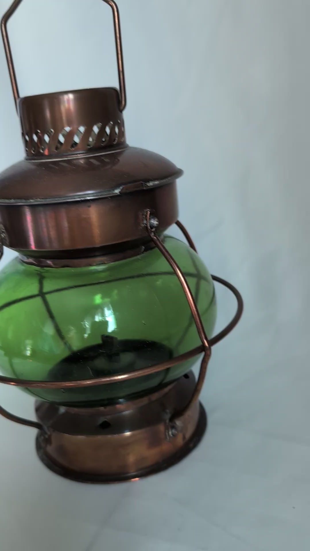 Vintage Copper Nautical Lantern Green Glass Globe, Ship Onion Lamp Hurricane Oil Lantern, Maritime Coastal Home Decor