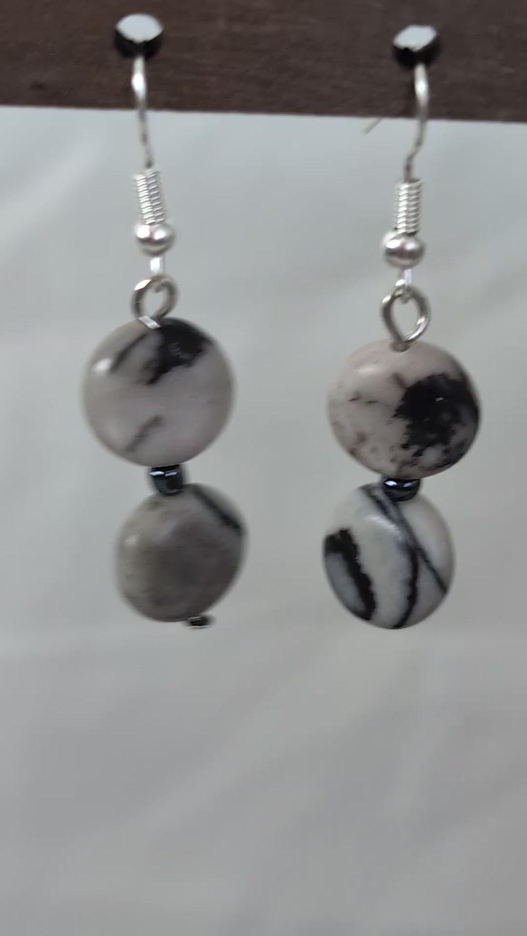 Grey Picasso Jasper Drop Earrings, Handmade Monochrome Veined Stone Dangle Earrings, Minimalist Coin Bead Boho Jewellery, Gift for Her
