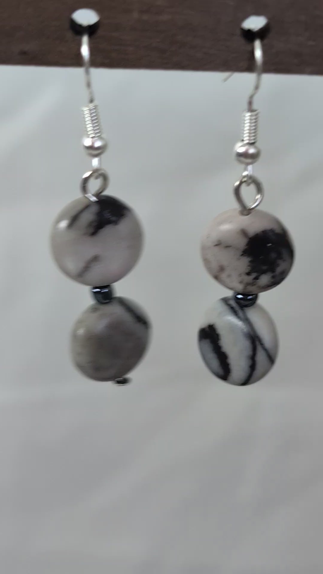 Grey Picasso Jasper Drop Earrings, Handmade Monochrome Veined Stone Dangle Earrings, Minimalist Coin Bead Boho Jewellery, Gift for Her