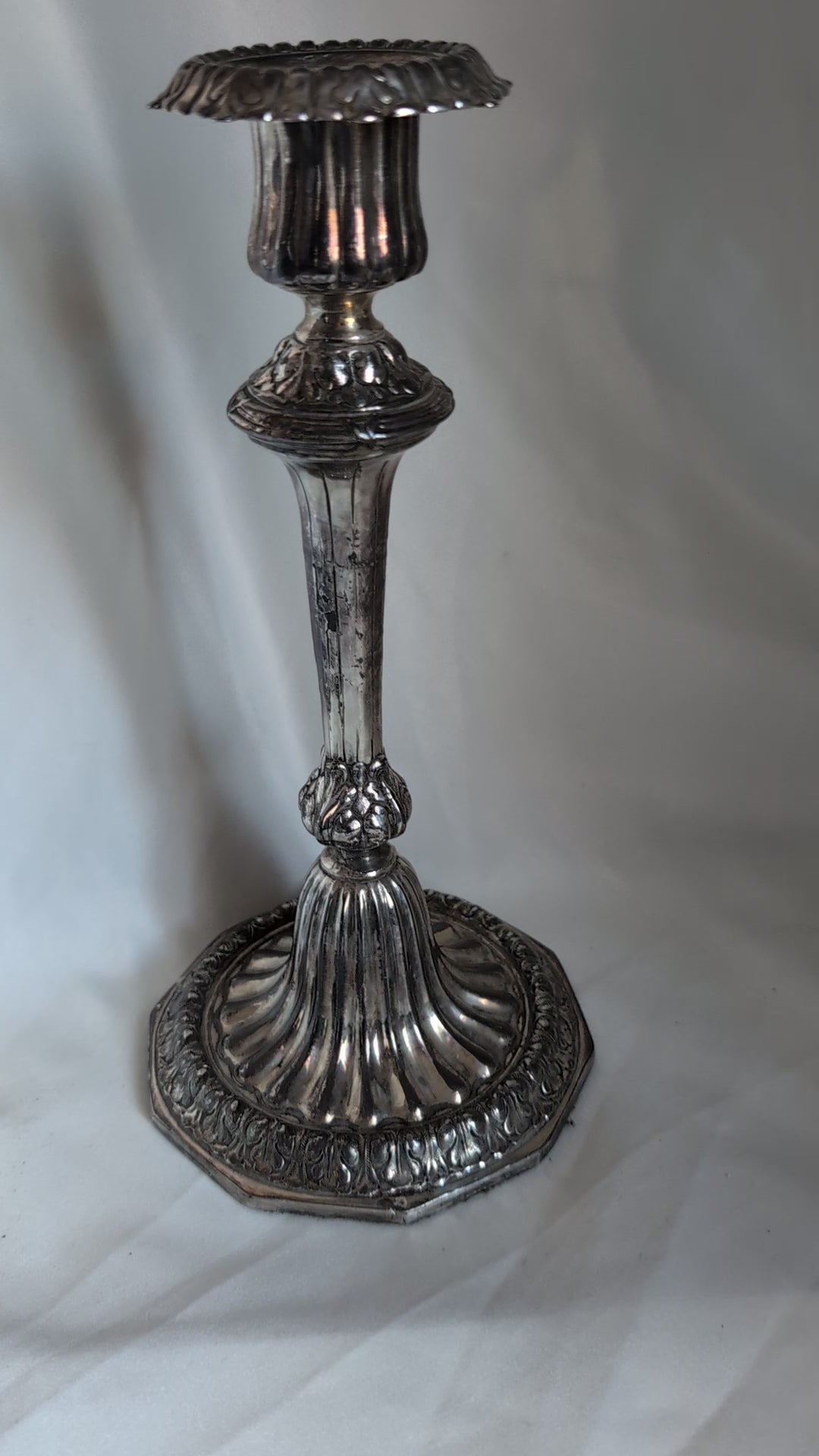 Vintage Silver Plated Candlestick Tall Fluted Candle Holder Ornate Octagonal Base Traditional Table Decor