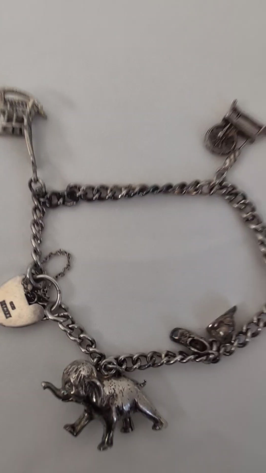 Vintage Sterling Silver Charm Bracelet Heart Padlock Clasp, 5 Silver Charms Elephant Rocking Chair Abacus Spinning Wheel Clogs, 925 Curb Link