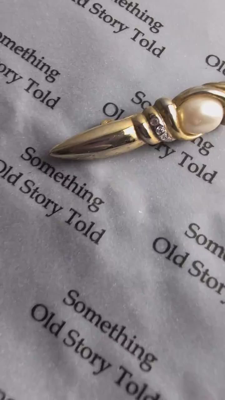 Signed Joan Rivers Gold Tone Torpedo Brooch | Faux Mabe Pearl Rhinestone Pin