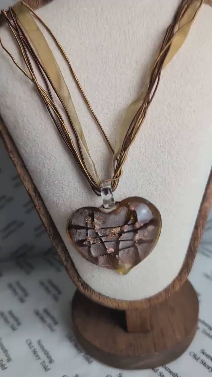 Vintage Murano Style Glass Heart Pendant Necklace, Y2K Aventurine Lampwork, Boho Ribbon Choker