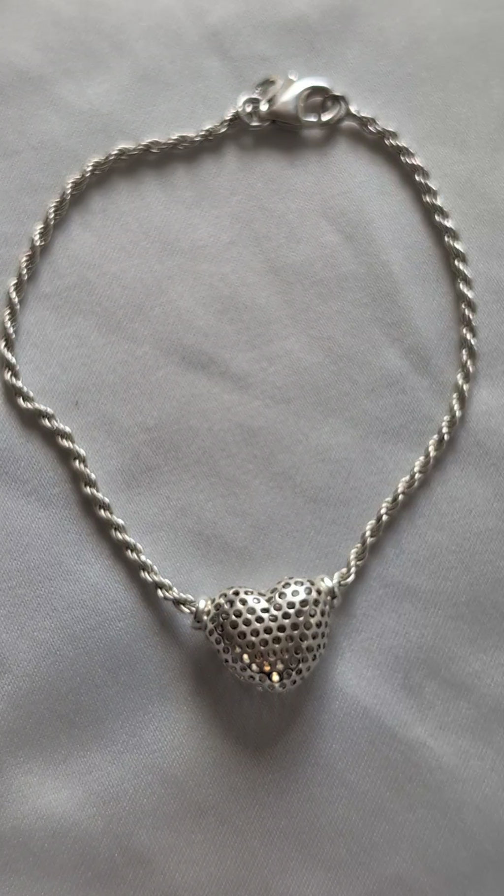 Vintage Sterling Silver Puffed Heart Bracelet 925 Italy Perforated Honeycomb Rope Chain, Romantic Filigree Gift, Something Old Story Told