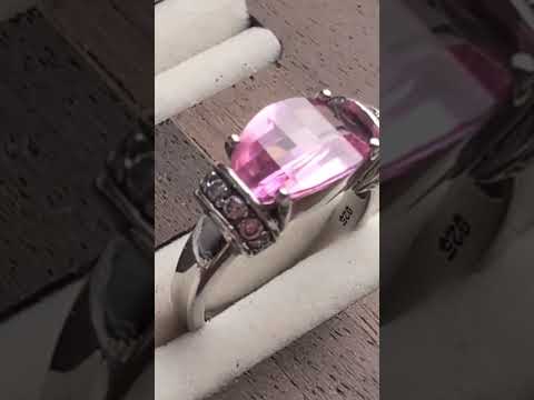 Vintage Pink Topaz Cocktail Ring Sterling Silver 925, Chunky East West Ring Size P 7.5, Y2K Checkerboard Faceted Pastel Solitaire Ring