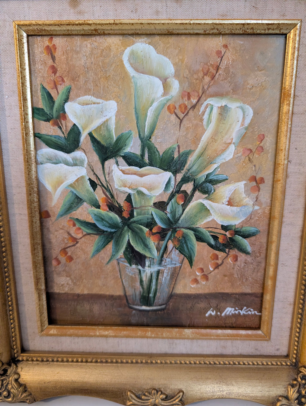 Vintage Floral Oil Painting in Ornate Gilt Frame, White Calla Lily Still Life Canvas, Signed W Mirkin Rococo Gold Frame Botanical Wall Art