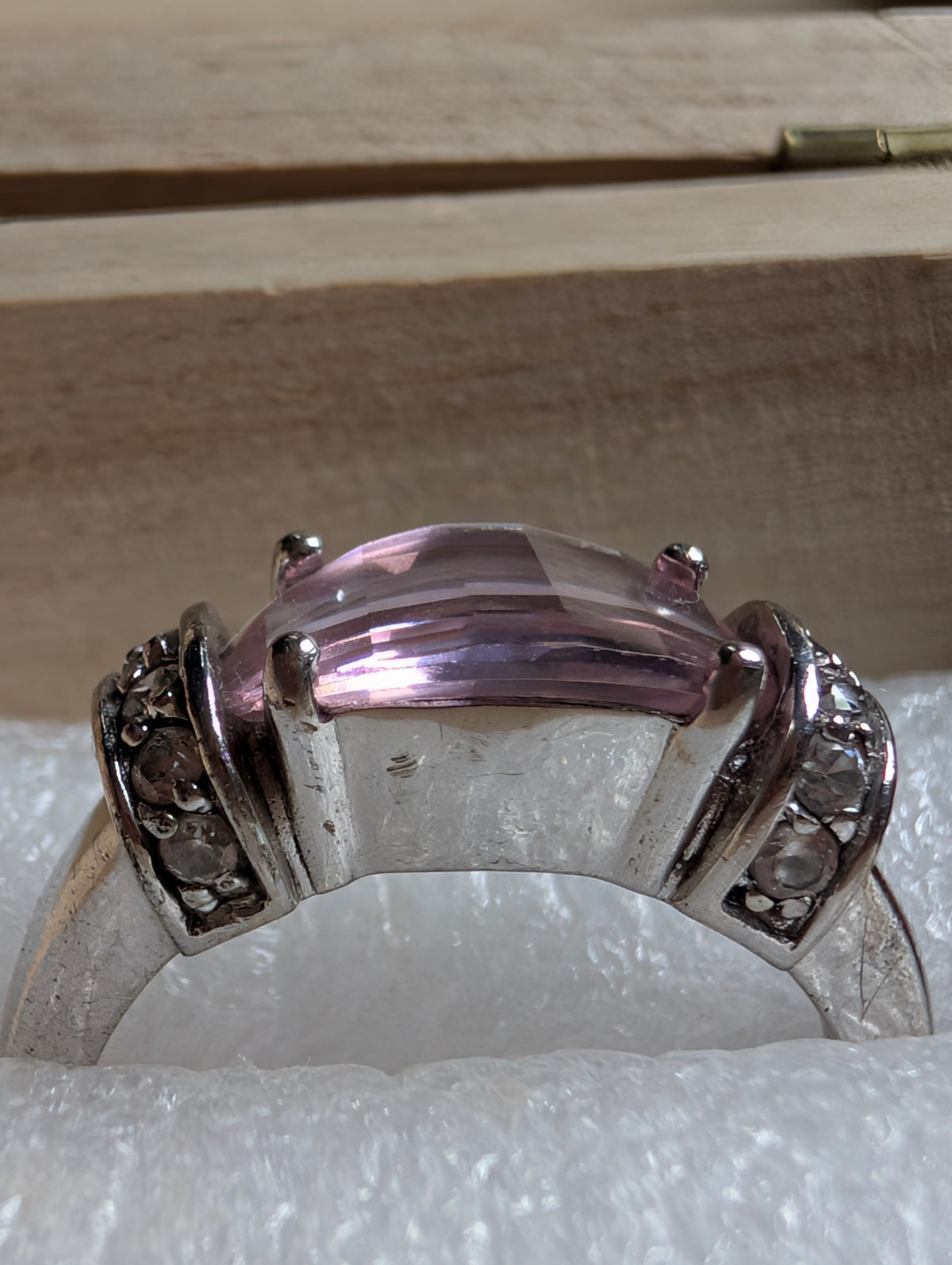 Vintage Pink Topaz Cocktail Ring Sterling Silver 925, Chunky East West Ring Size P 7.5, Y2K Checkerboard Faceted Pastel Solitaire Ring