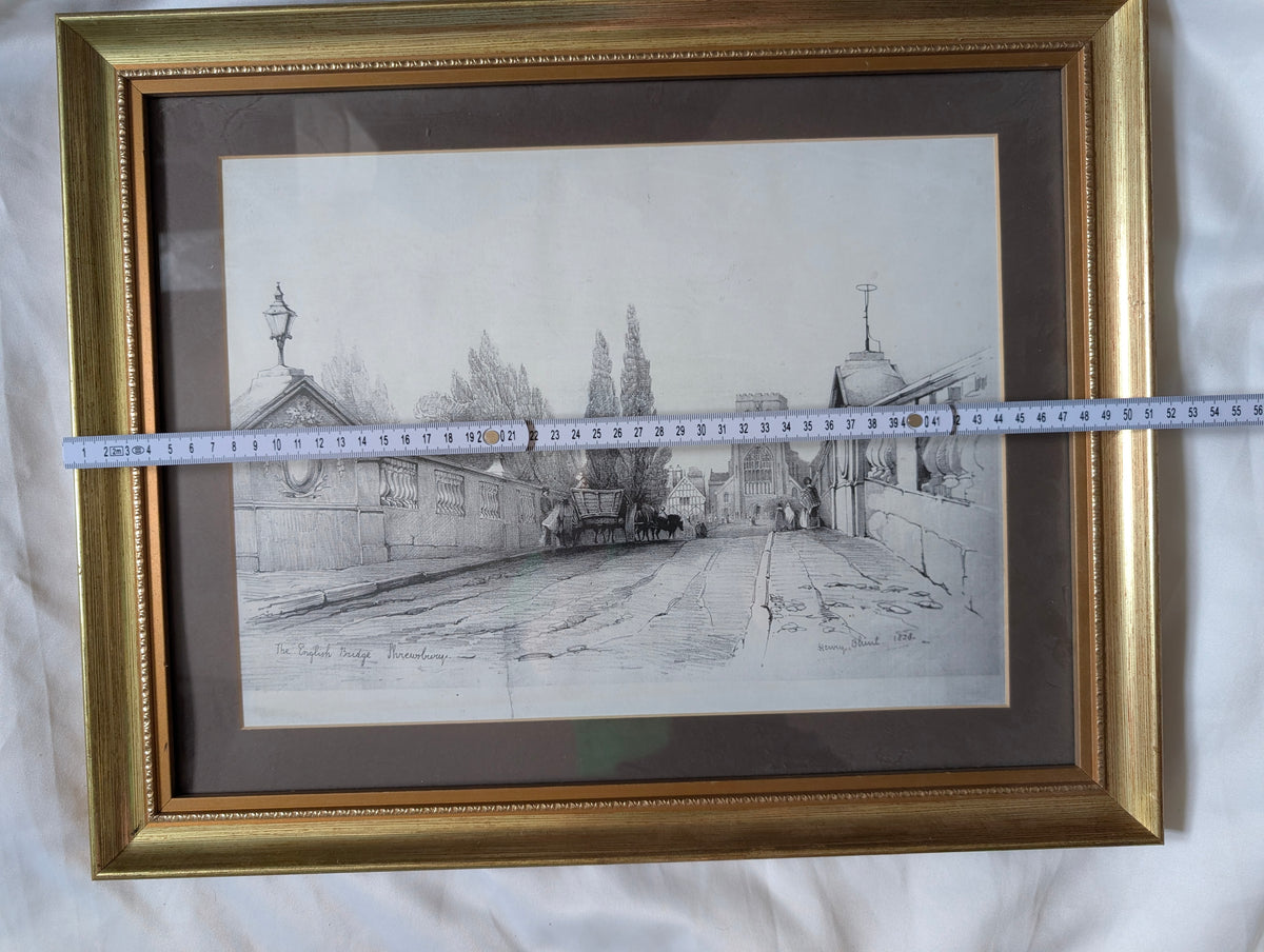 1838 Henry Blunt Architectural Lithograph 'The English Bridge, Shrewsbury' – Framed Early Victorian Townscape in Gilt Wood Frame