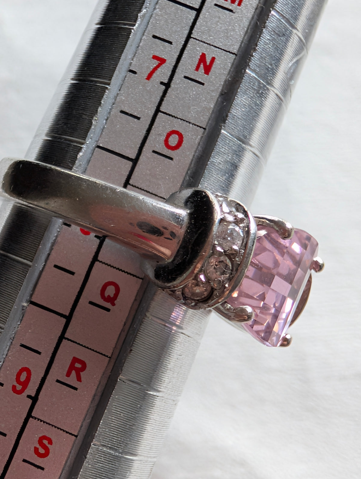 Vintage Pink Topaz Cocktail Ring Sterling Silver 925, Chunky East West Ring Size P 7.5, Y2K Checkerboard Faceted Pastel Solitaire Ring