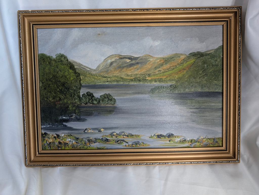 Coniston Water Lake District Original Oil Painting 1982 by Mary Edmondson, Framed Vintage English Country Landscape Wall Art, Cumbria