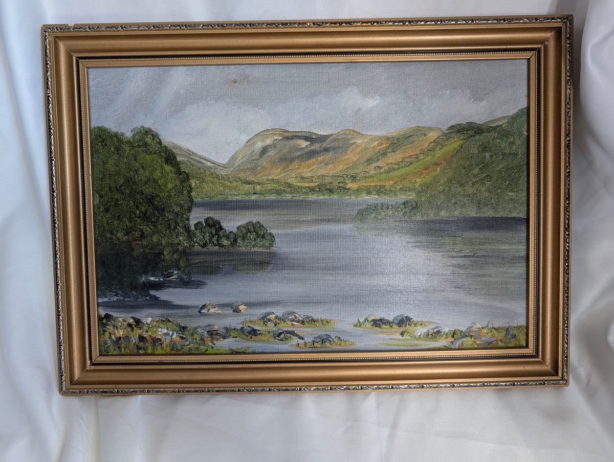Coniston Water Lake District Original Oil Painting 1982 by Mary Edmondson, Framed Vintage English Country Landscape Wall Art, Cumbria