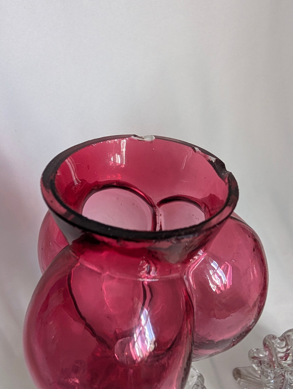 Pair of Antique Victorian Cranberry Glass Vases, c1900 Edwardian Hand Blown Art Glass Bud Vases, Clear Applied Rigaree Footed Decor