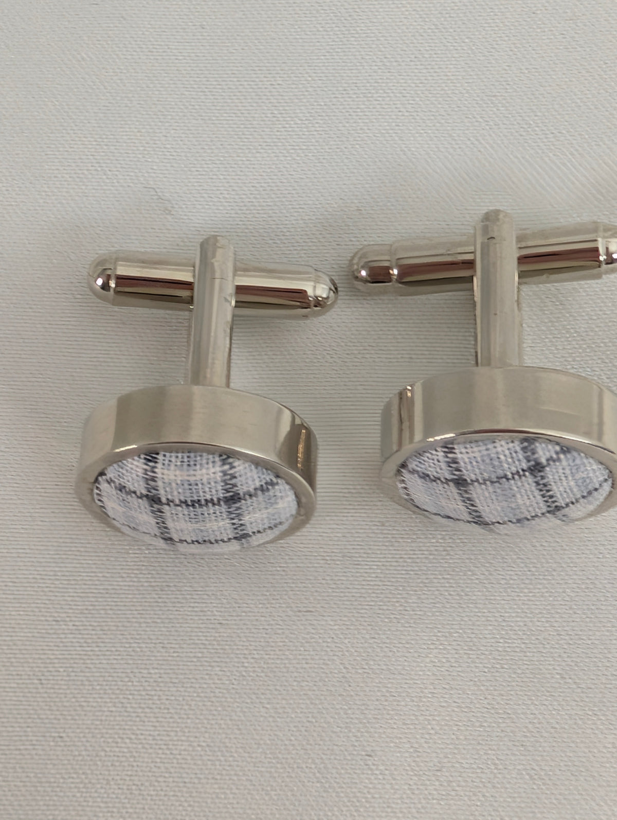 Grey Tartan Fabric Cufflinks, Round Silver Plated Check Suit Cuff Links, Scottish Plaid Wedding Groom Accessories, Classic Menswear Gift