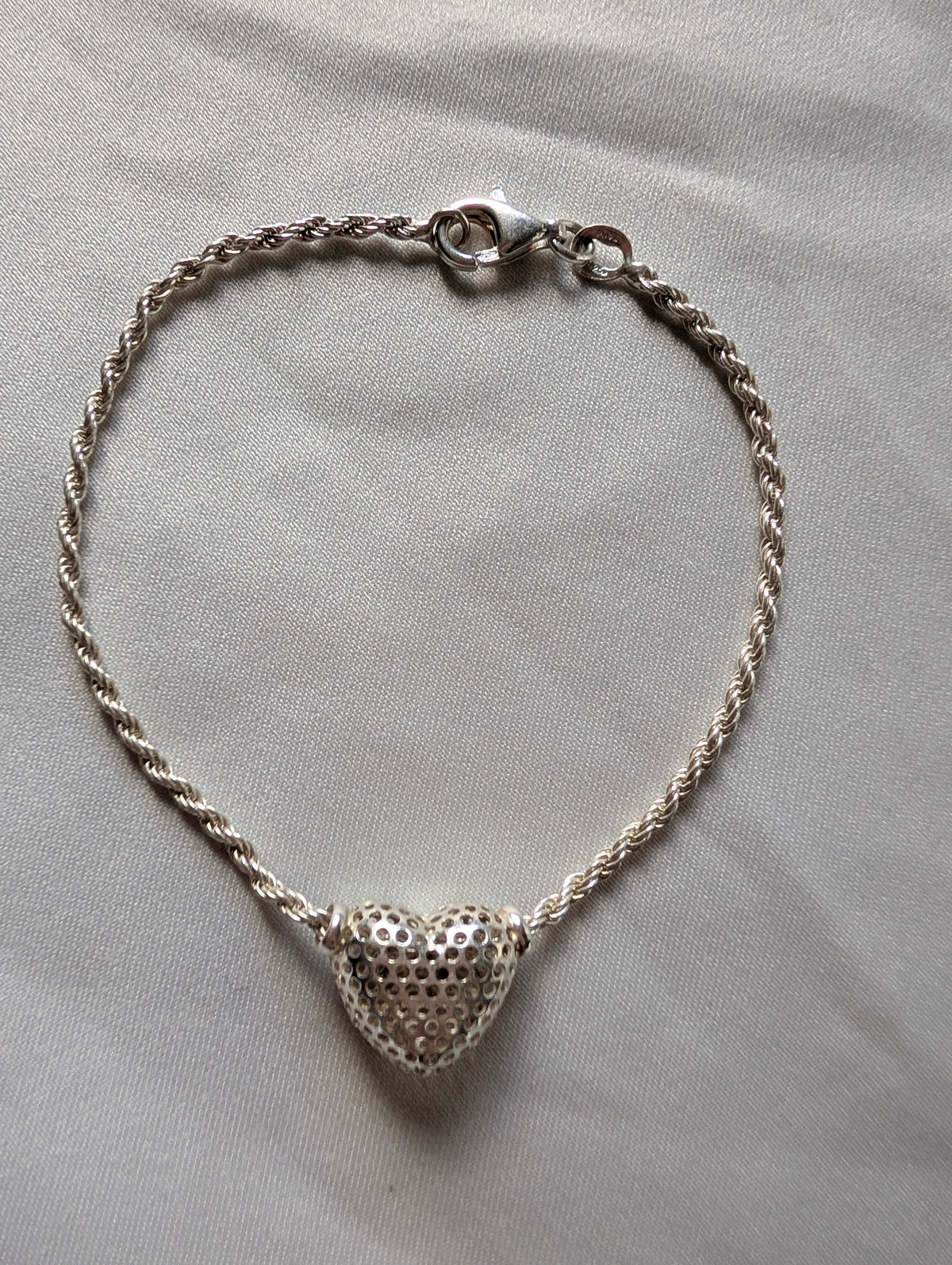Vintage Sterling Silver Puffed Heart Bracelet 925 Italy Perforated Honeycomb Rope Chain, Romantic Filigree Gift, Something Old Story Told