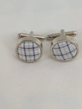 Grey Tartan Fabric Cufflinks, Round Silver Plated Check Suit Cuff Links, Scottish Plaid Wedding Groom Accessories, Classic Menswear Gift