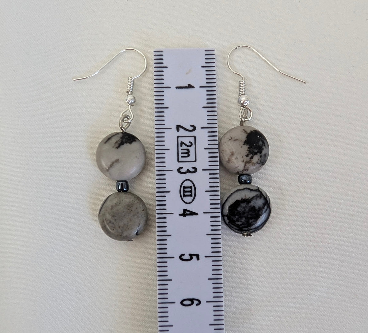 Grey Picasso Jasper Drop Earrings, Handmade Monochrome Veined Stone Dangle Earrings, Minimalist Coin Bead Boho Jewellery, Gift for Her