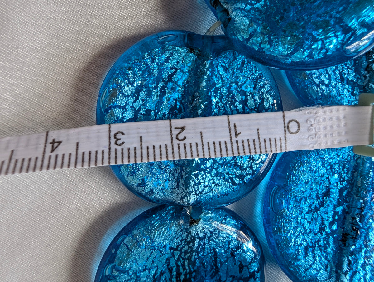 Vintage Murano Style Art Glass Foil Bead Stretch Bracelet, Cobalt Aqua Blue Glass Disc Bracelet, Chunky Statement Jewellery