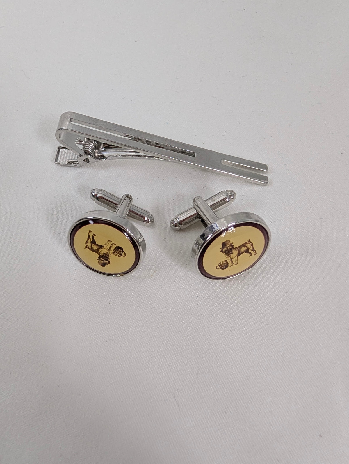 Vintage Style Bulldog Cufflinks and Tie Clip Set, Novelty Mens Dog Cufflinks Tie Bar Gift Boxed, Silver Tone Groom Groomsmen Wedding
