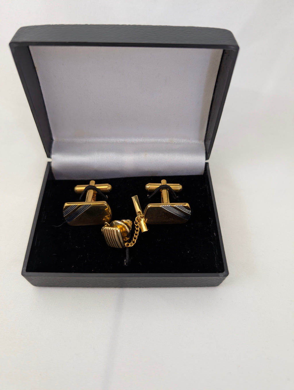 Vintage Two-Tone Gold & Silver Diagonal Stripe Cufflinks and Tie Tac Set – Classic Mid-Century Menswear Set in Gift Box
