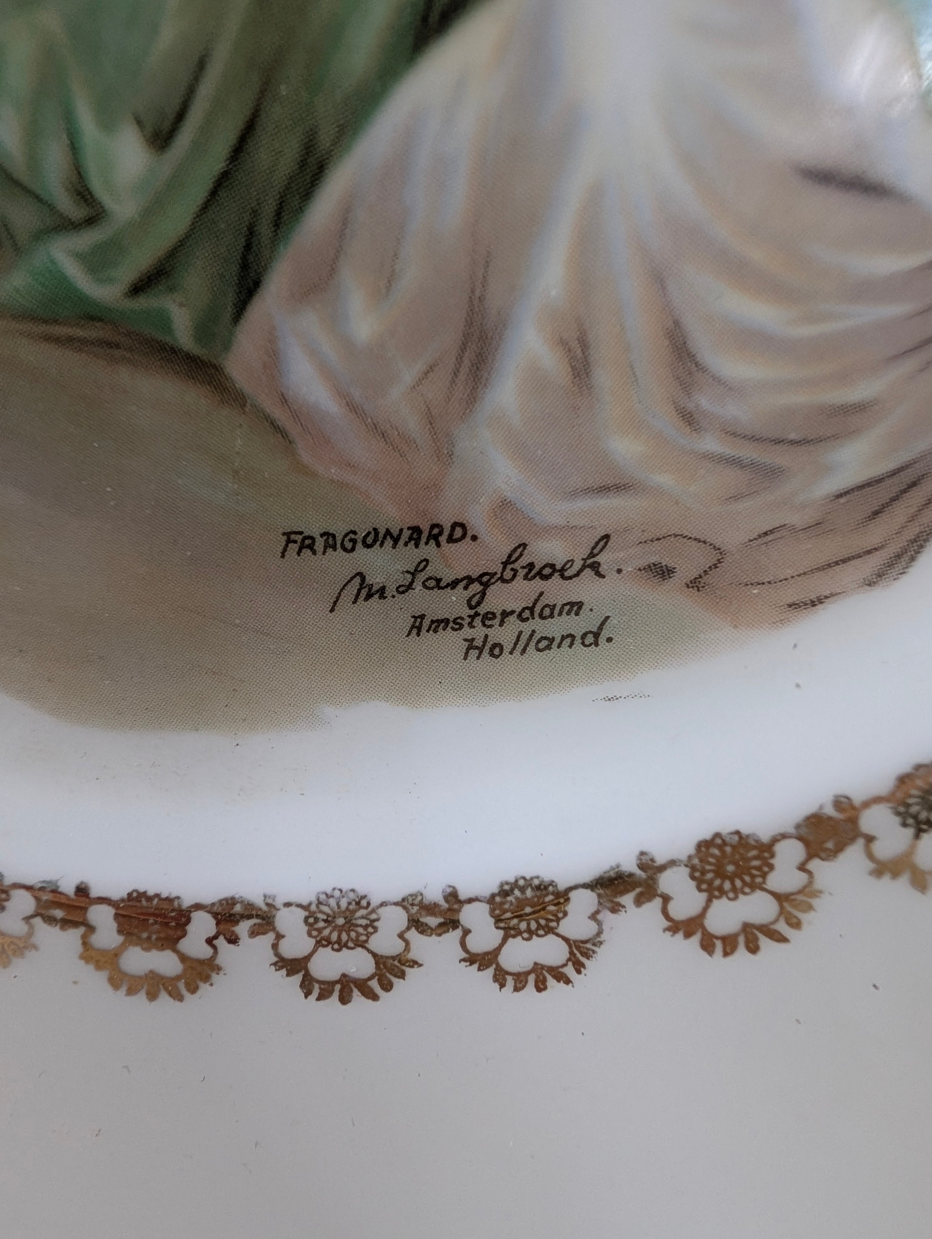 Pair Vintage Regency Bone China Courting Couple Plates Fragonard Rococo Gold Gilt Pierced Rim Cabinet Display Plates, Gilded French