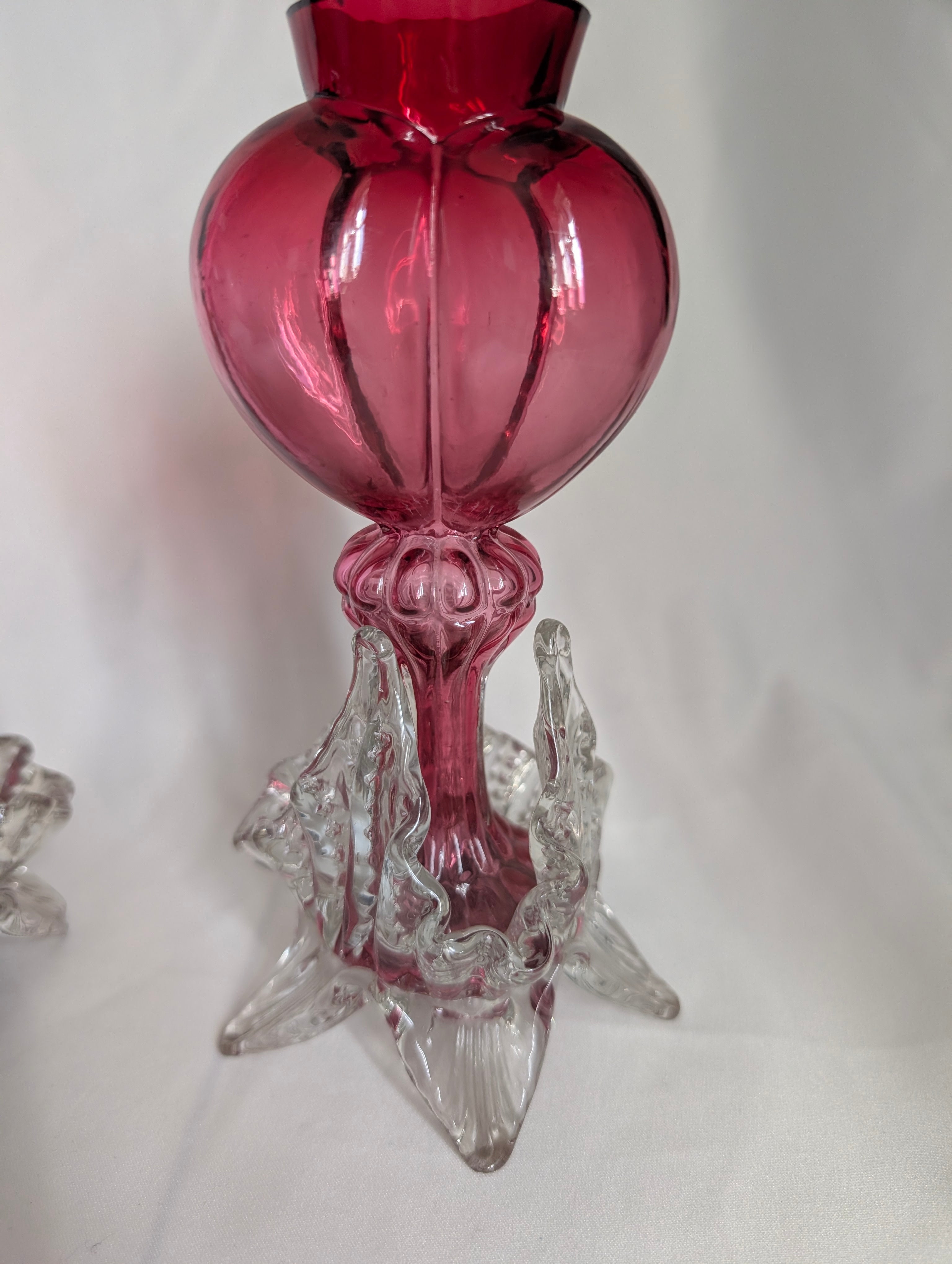 Pair of Antique Victorian Cranberry Glass Vases, c1900 Edwardian Hand Blown Art Glass Bud Vases, Clear Applied Rigaree Footed Decor