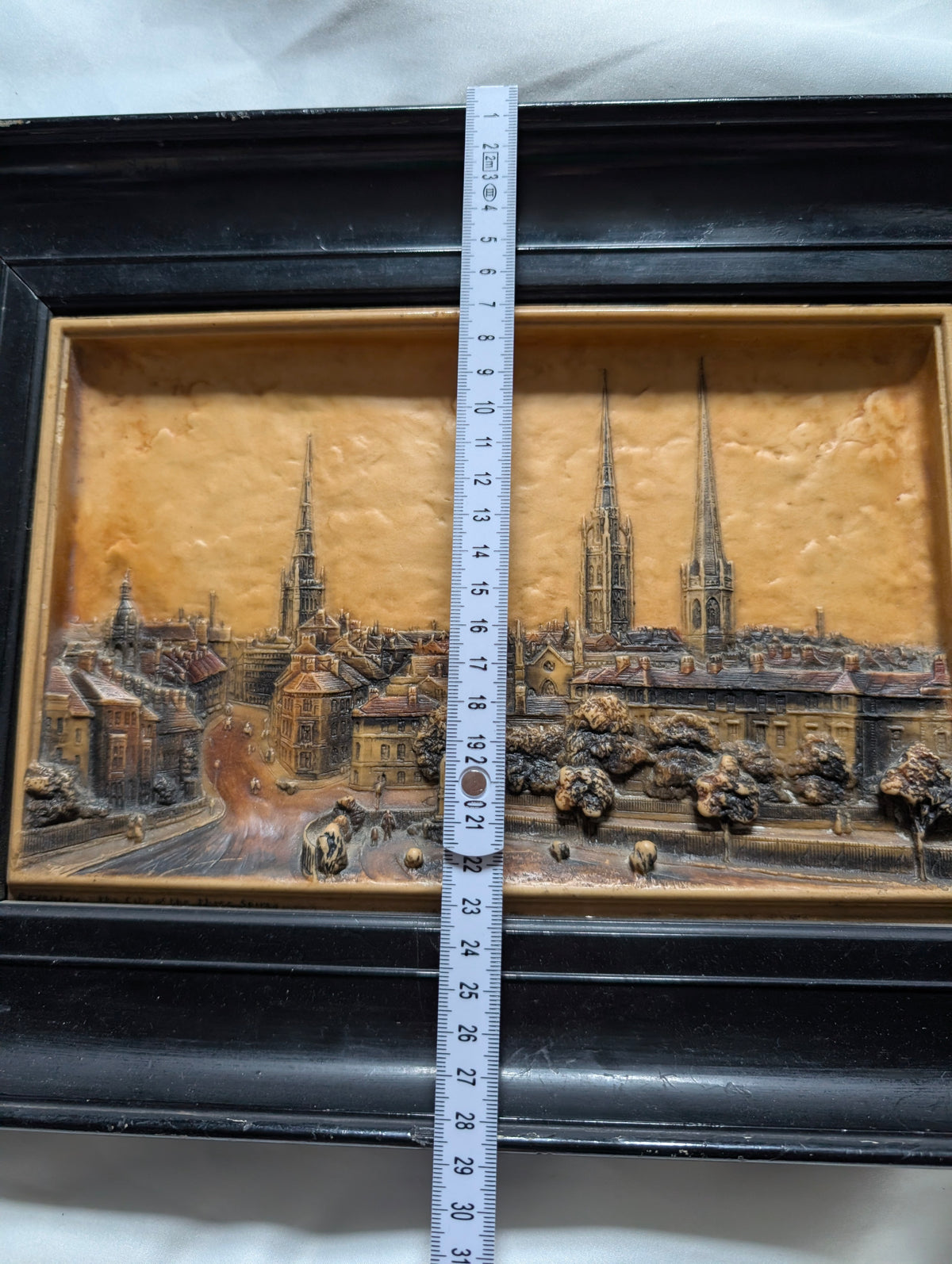 Vintage 3D Relief Plaque 'Coventry: The City of the Three Spires' – Detailed High-Relief Architectural Townscape in Ebonised Black Frame