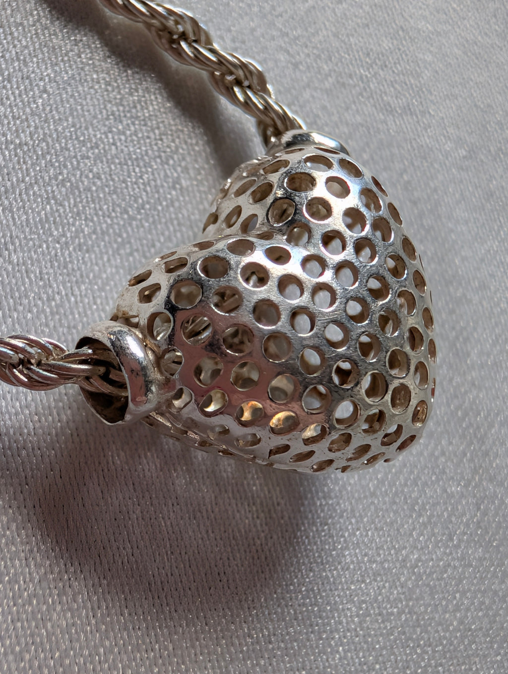 Vintage Sterling Silver Puffed Heart Bracelet 925 Italy Perforated Honeycomb Rope Chain, Romantic Filigree Gift, Something Old Story Told