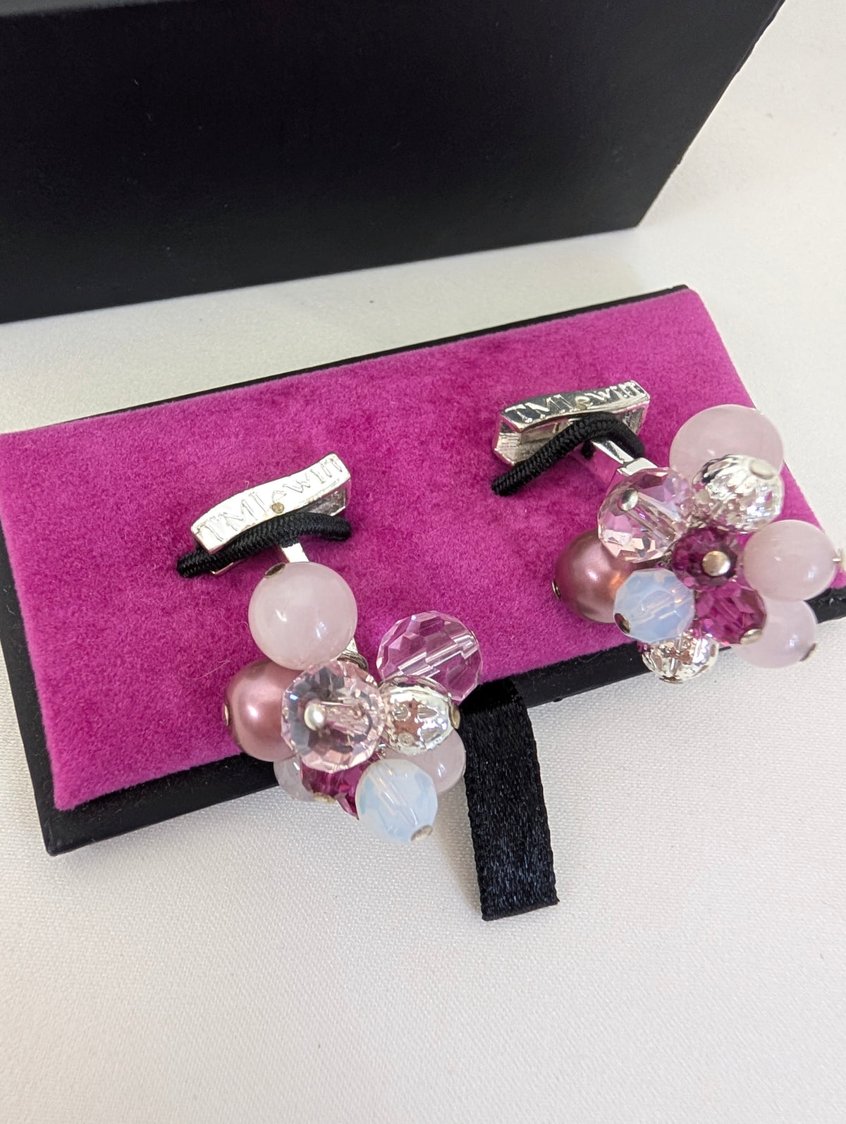 T.M. Lewin Beaded Berry Cluster Cufflinks – Rose Quartz Pink, Amethyst Purple Crystal & Silver Filigree Cuff Links in Original Velvet Box