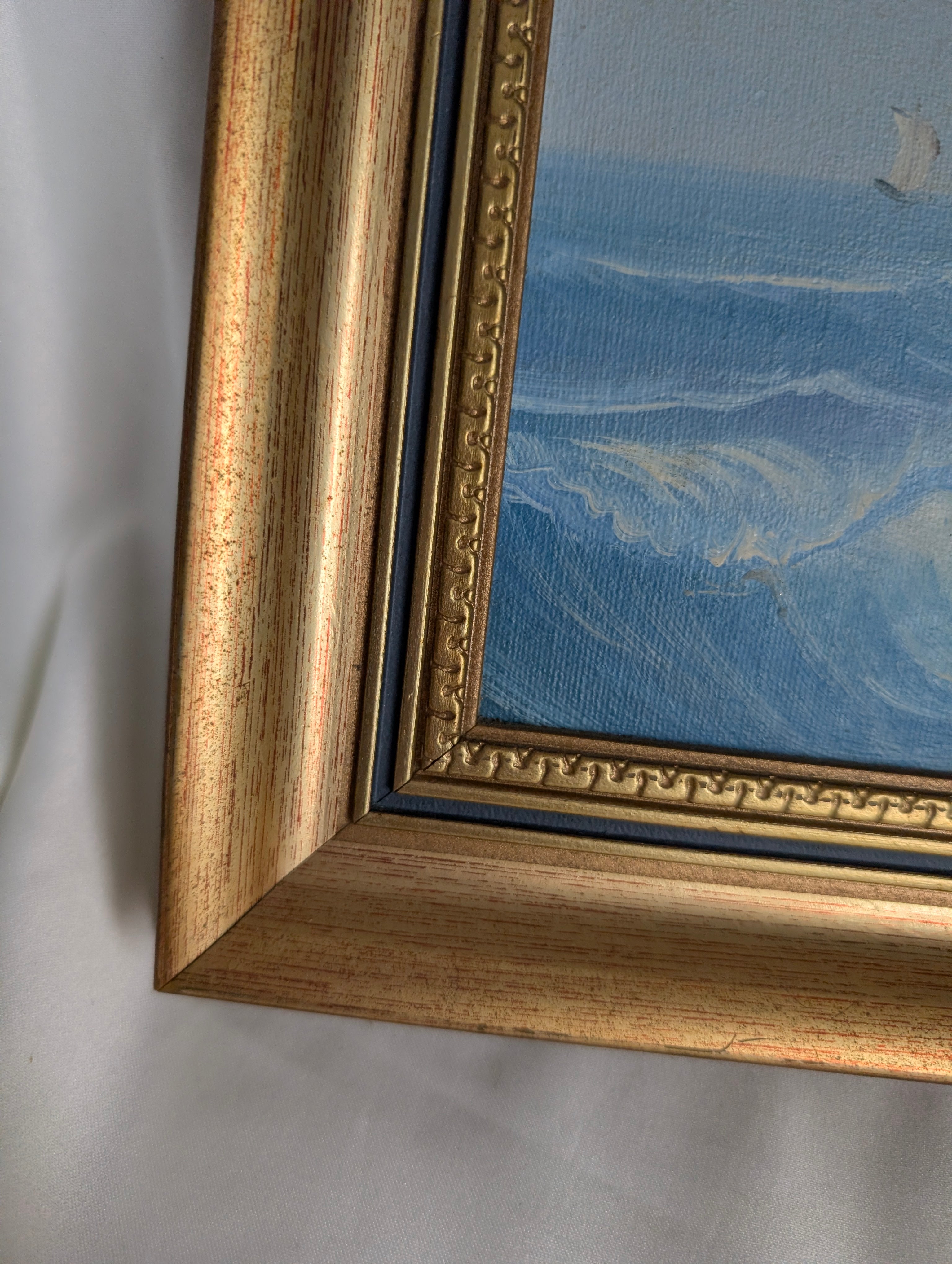 Vintage Framed Maritime Seascape Oil Painting Signed Baillie | Nautical Sailing Ship Ocean Canvas Board Art | Gilded Gold Frame Coastal Wall