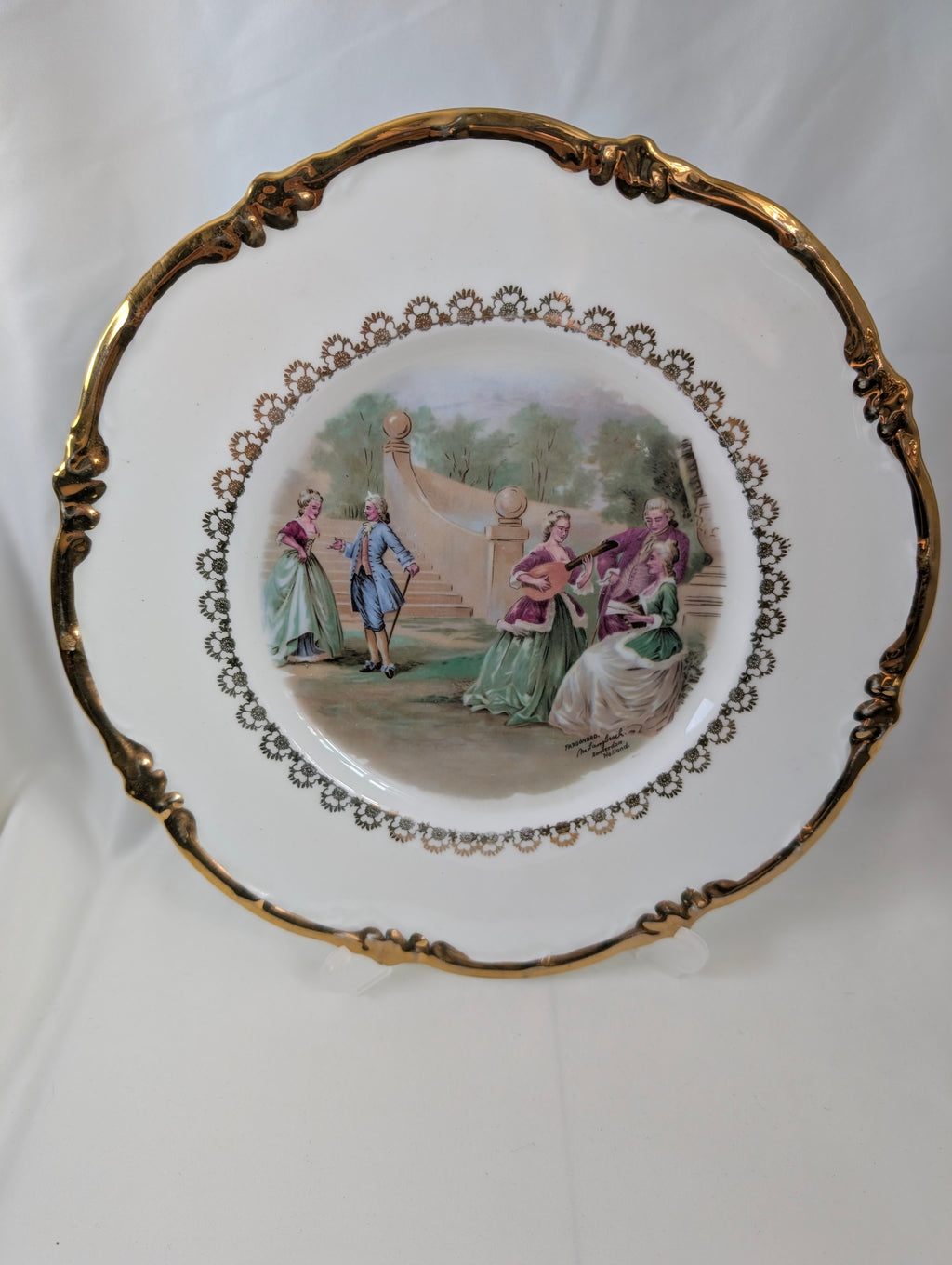 Pair Vintage Regency Bone China Courting Couple Plates Fragonard Rococo Gold Gilt Pierced Rim Cabinet Display Plates, Gilded French